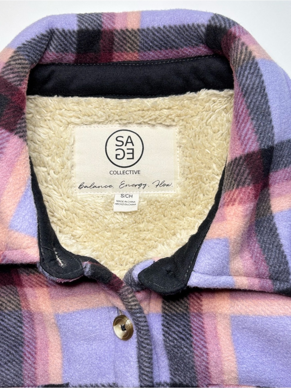 Sage Collective Faux Fur Lined Plaid Shacket Jacket Purple Pink Small Anthro - Picture 6 of 10